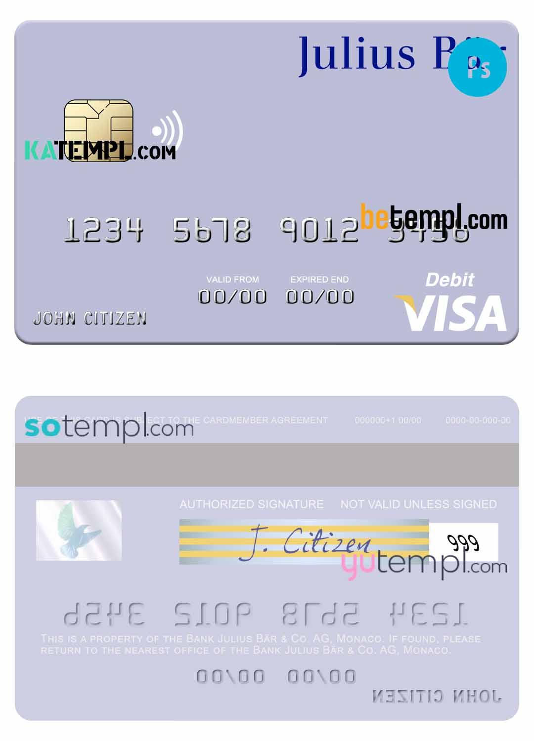 Monaco Julius Bar & Co. AG bank visa debit card, fully editable template in PSD format